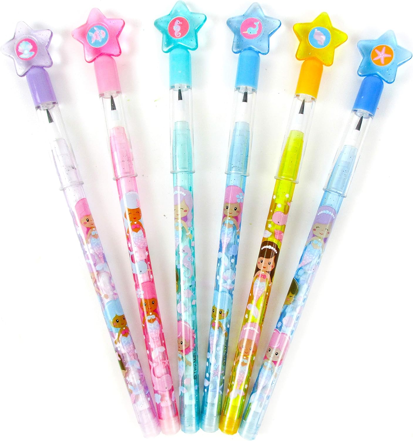TINYMILLS 24 Pcs Rainbow Mermaids Multi Point Pencils Stackable Stacking Push Pencils Assortment with Eraser for Girl Birthday Party Favor Goodie Bag Stuffers Carnival Prizes Classroom Rewards: Office Products