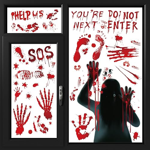 Large Halloween Window Stickers, Isisyu 9 Sheets Halloween Window Decorations with Bloody Handprints Zombie Silhouettes, Scary Bloody Double Sided Clings Decals for Glass Bathroom Party Decoration