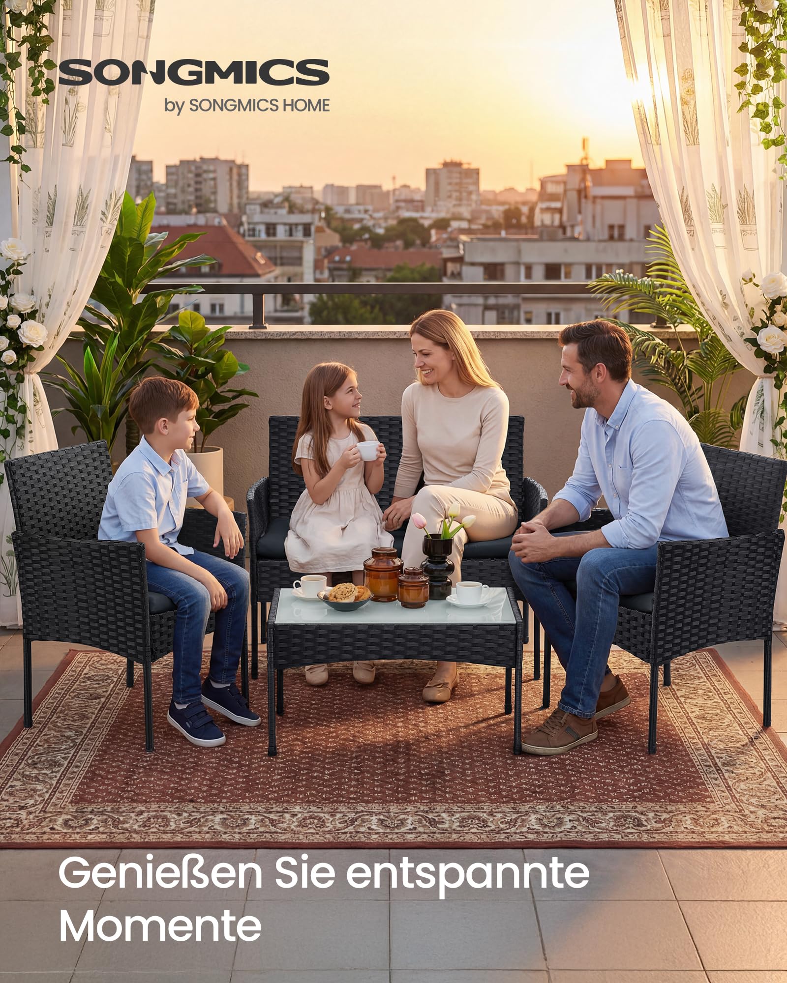 SONGMICS Gartenmöbel-Set, 4-teilig, Balkonmöbel aus PE-Polyrattan, Tisch, 2 Stühle, 2-Sitzer-Bank, Lounge-Möbel Outdoor, Terrassenmöbel, für Terrasse, Balkon, schwarz-grau GGF004B06 3