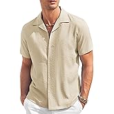 COOFANDY Men's Short Sleeve Shirt Casual Summer Shirts Stretch Guayabera Vacation Shirts Khaki
