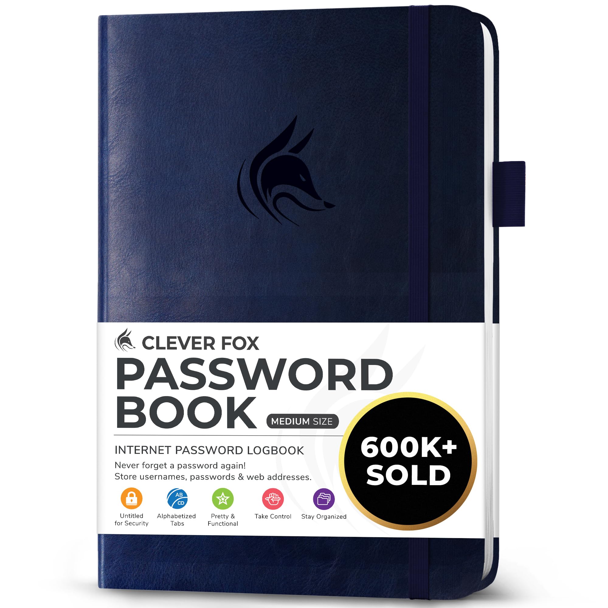 Clever Fox Password Book with alphabetical tabs. Internet Address Organizer Logbook. Medium Password Keeper for Website Logins (Dark Blue)