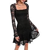 HYPERFIRE Women's Square Neck Floral Lace Mini Dress Flowy Short Dress Mesh Night Out Dresses Club Outfit