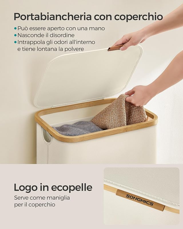 Cesto Portabiancheria con Coperchio, Cesta per Bucato, 90L, Salvaspazio, Sacco Rimovibile, Tessuto Oxford, Manici di Bambù, Pieghevole, 42 x 32 x 70,5 cm, Bianco Crema LCB509W01