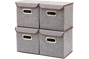 EZOWare 4pc Large Storage Basket Bins with Lid, Linen lidded Fabric Folding Cubes Containers - Gray, 9.8 x 9.8 x 9.8 inches