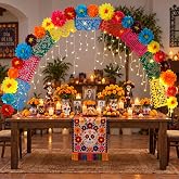 Novabright Day of The Dead Decor Set, Dia de los Muertos Tabletop Arch Kit | 10.5ft Foldable Fiberglass Arch, 25 Colorful Paper Flowers, Panel Felt Banner, Warm LEDs and Table Clamps for Holiday Decor