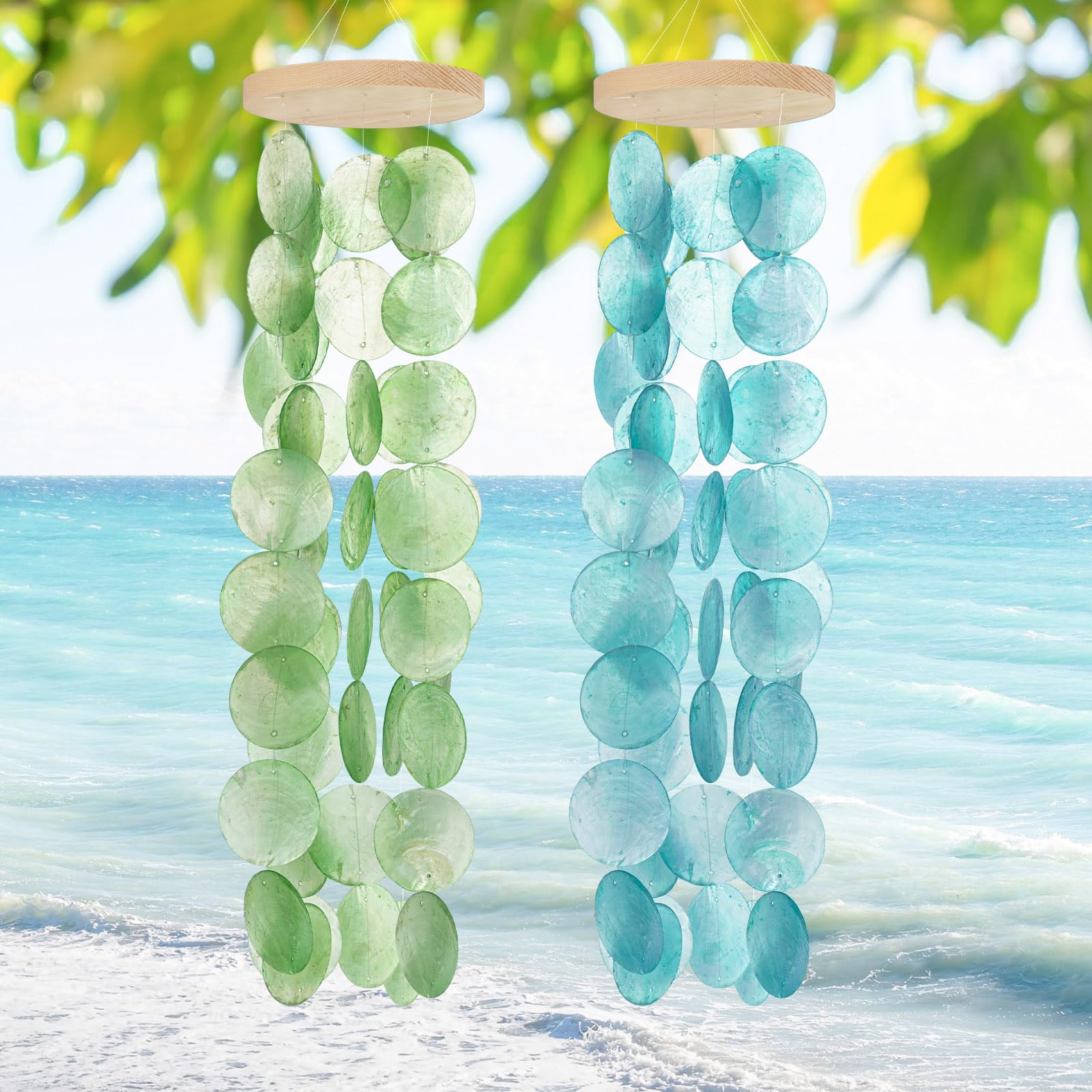 Photo 1 of 2 Pack Shell Wind Chimes for Outside, Blue Green Capiz Shells Wind Chime Coastal Style for Indoor Outdoors Garden Decor for Women Mother's Day