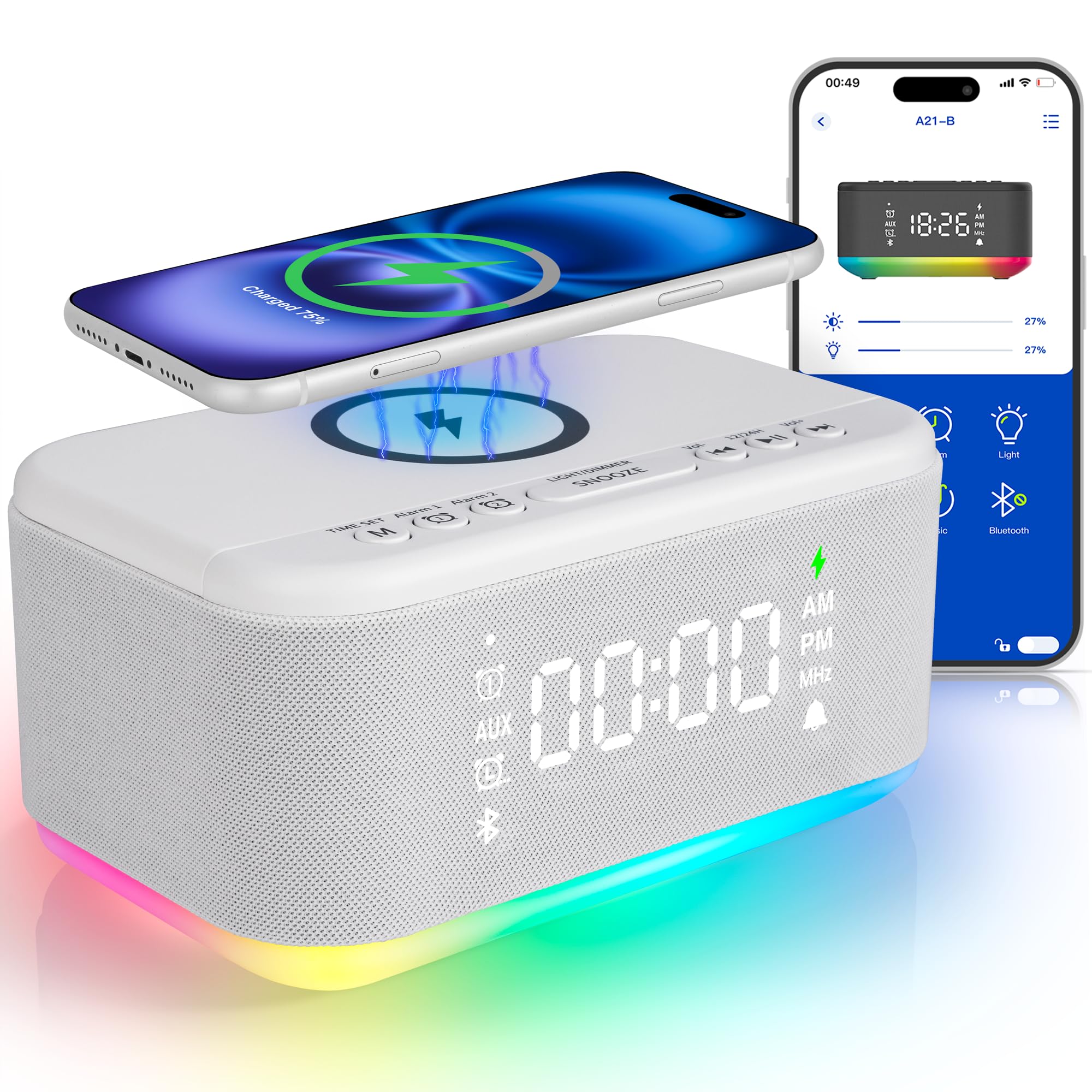Photo 1 of Fansbe Smart Bluetooth Alarm Clock Radio Bedroom, Digital Dual Alarm Clock Bedroom, Up to 10 Alarms Clock Night Light Speaker App/Button Control FM Charge Snooze Adjustable Volume Dim 12/24H, White