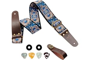 MUSILY Guitar Strap, Vintage Embroidery Cotton with Extended Leather Ends for Acoustic Guitar, Electric Guitar & Bass! Feel the Comfort & Express Your Artistic Style! (Paisley Sapphire)