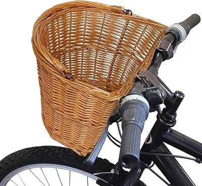 Green Leaves Natural Wicker Bike Basket Hand Bar with PU Leather Buckles Honey