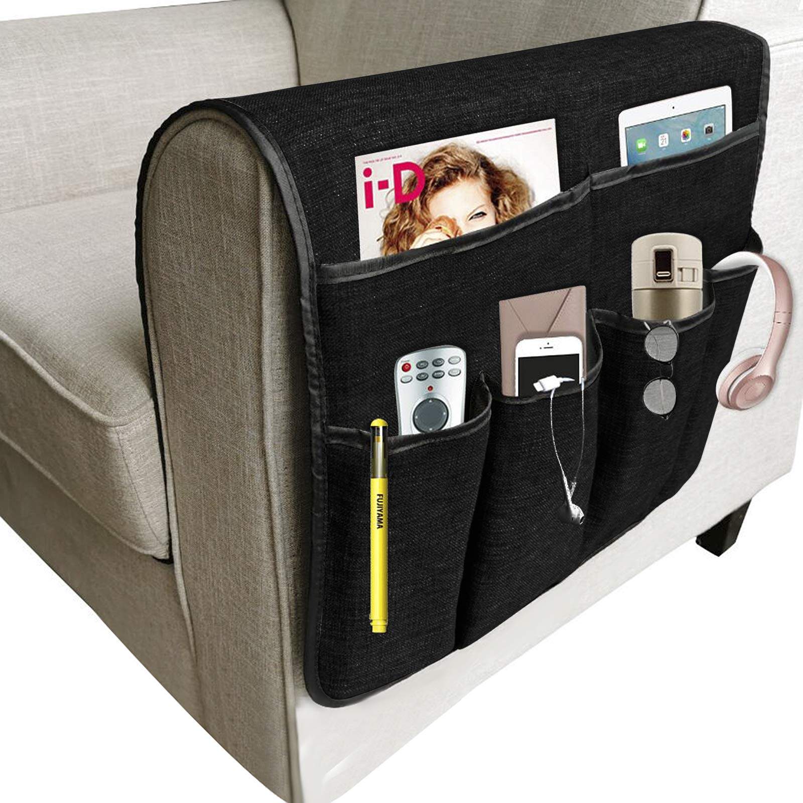 Anti-Slip Couch Sofa Armrest Organiser Chair Bedside Storage Pocket TV Remote Holder Bed Storage Pocket Bag for Cellphone Notepad Book Magazines Holder Pouch (#B2-Black (cotton + linen fabric))