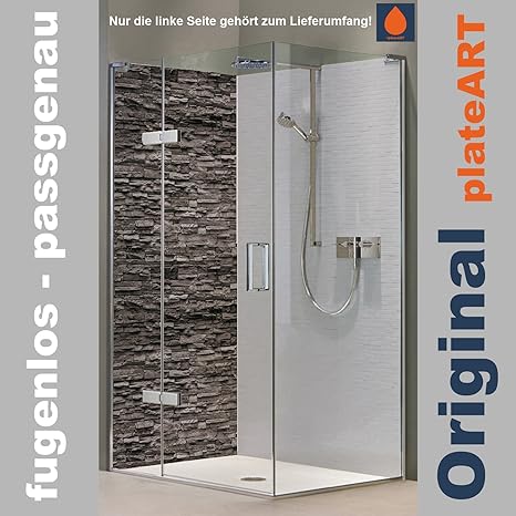 ORIGINAL plateART Rückwand Dusche Alu OHNE FUGEN, Eck-Duschrückwand Fliesenspiegel Fliesenersatz, Steinverblender-Motiv Schie
