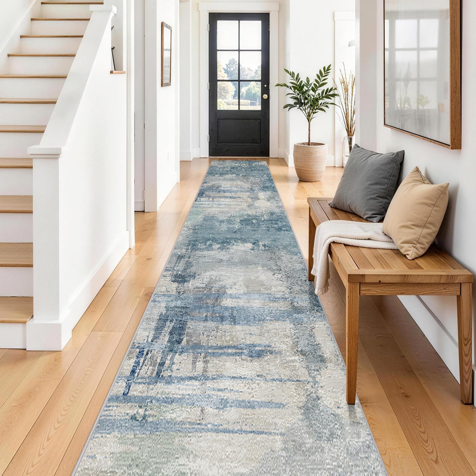 BYYVOO 2.6x14 Extra Long Runner Rug Grey Abstract: Washable Non-Slip Carpet for Hallways - Soft Low-Pile Thin Indoor Runner for Long Spaces 2.6x14 Blue Image