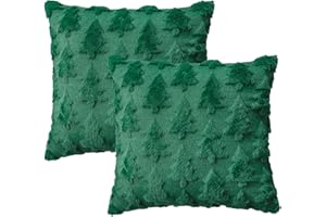 AVOIN colorlife Christmas Tree Green Throw Pillow Covers Set of 2, 18 x 18 Inch Soft Plush Faux Fur Jacquard Festivals Winter Cushion Case Decoration for Sofa Couch