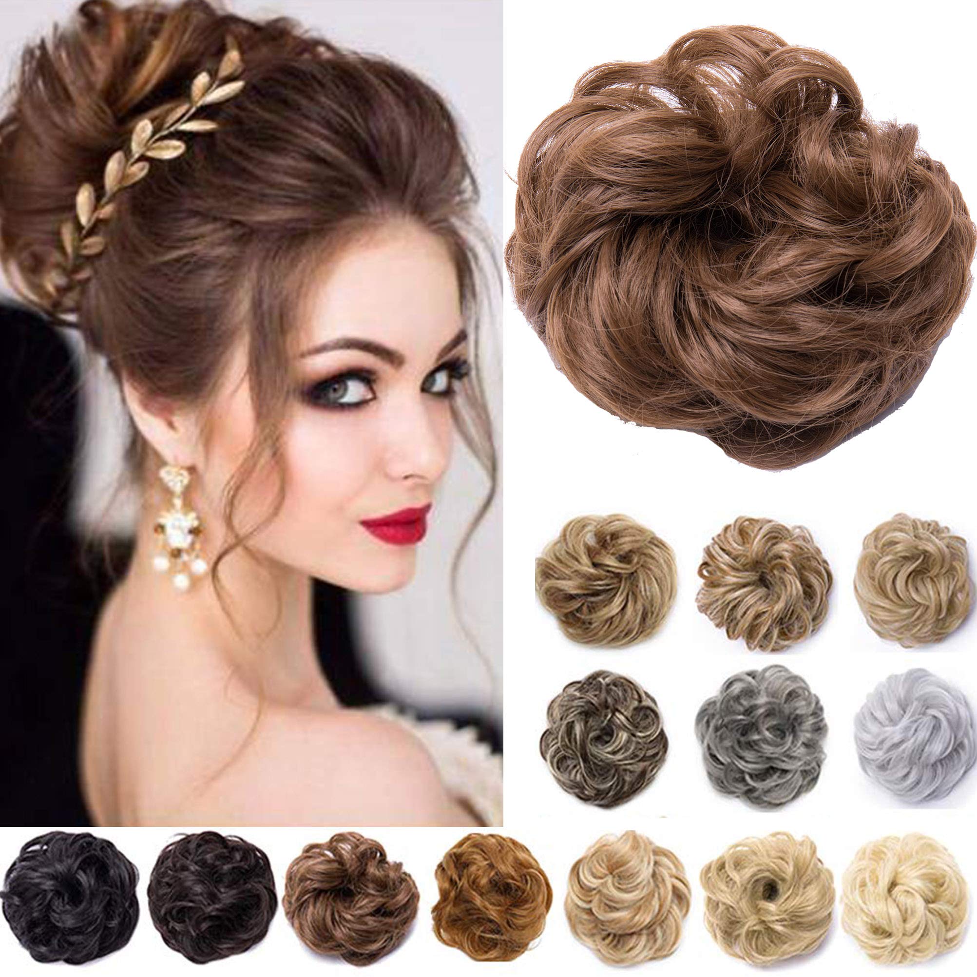 Messy Hair Bun Synthetic Extension Scrunchy Donut Curly Wavy Updo Elastic Scrunchie Thick Full Wedding Hair Pieces Bridal Hairpiece Easy Bun Updos Chignon for Women Kids Light Brown