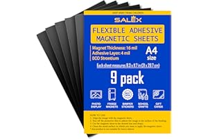 SALEX Magnetic Sheets A4 with Adhesive Backing for Crafts, DIY. 9 Strong Self Sticky Magnets 8.3" x 11.7" to Make Flexible Magnet Tapes, Strips, Squares, Sheet for School Classroom Board, Fridge, Photos