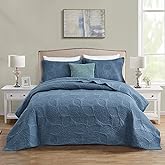 CHIXIN Botanical Cotton Quilt King Size - Real Stitching Leaf Pattern - Quilted Bedspread Coverlet Set, Ultra Soft, Lightweight, Reversible, 3 Piece, Navy Blue