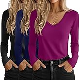 Riyiper 3 Pcs Women's V Neck T Shirts Long Sleeve Tops Casual Loose Fit Straight Hem T Shirt Basic Tees