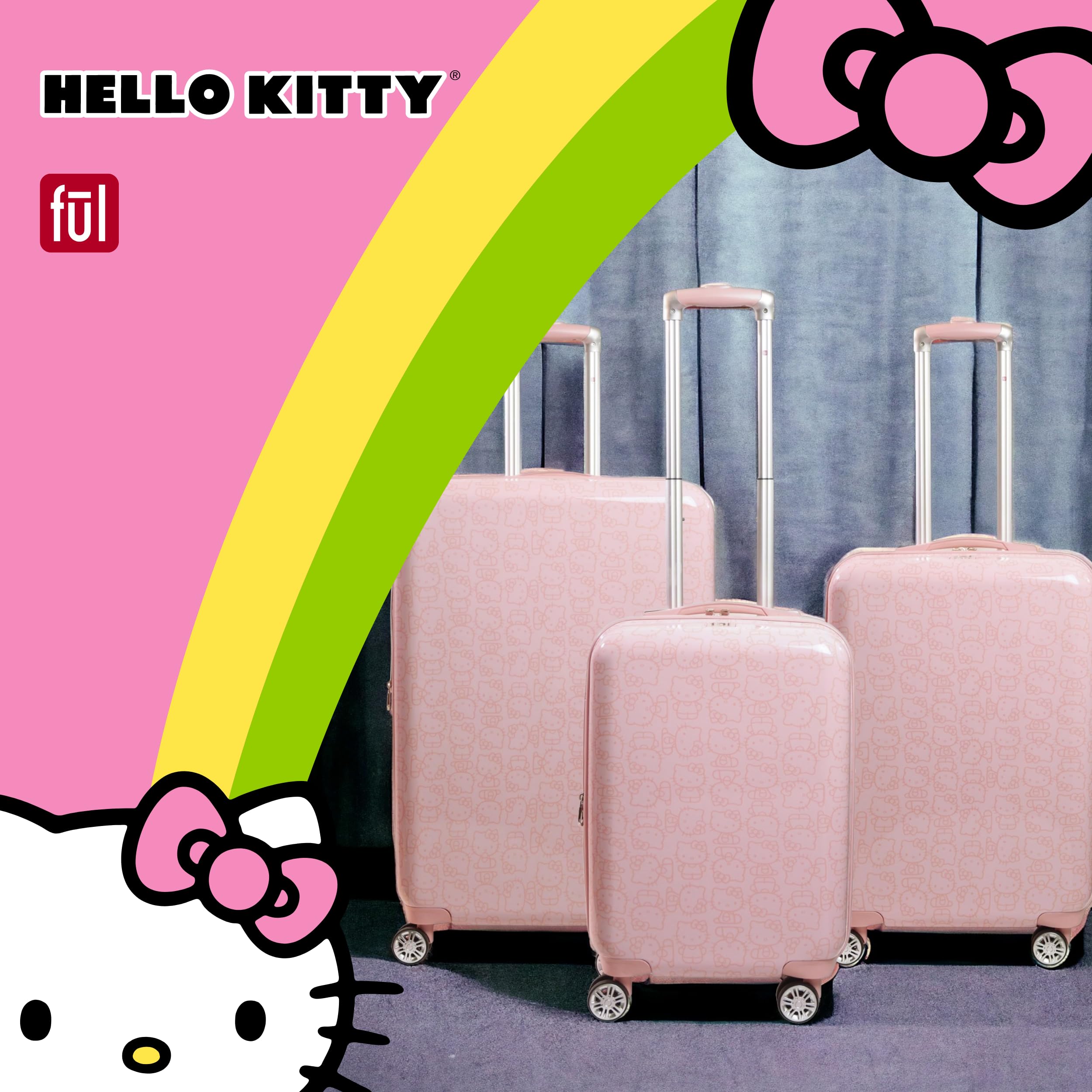 FUL Hello Kitty Carry On Luggage, Printed Hardshell Rolling Suitcase with Spinner Wheels, Pink, 21 Inch
