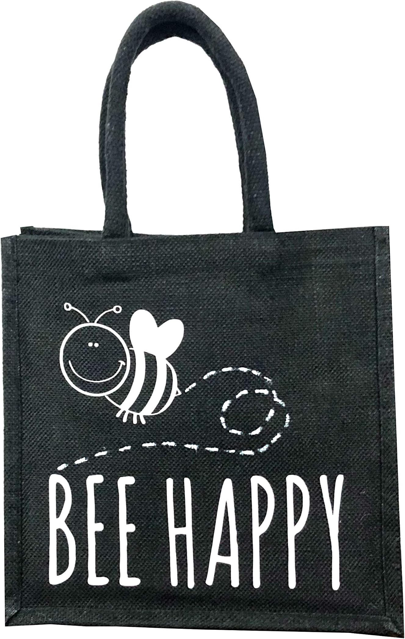 Jute Hessian Medium Black Shopping Bag Gift Bag Lunch Bag Hand Painted Bee Happy