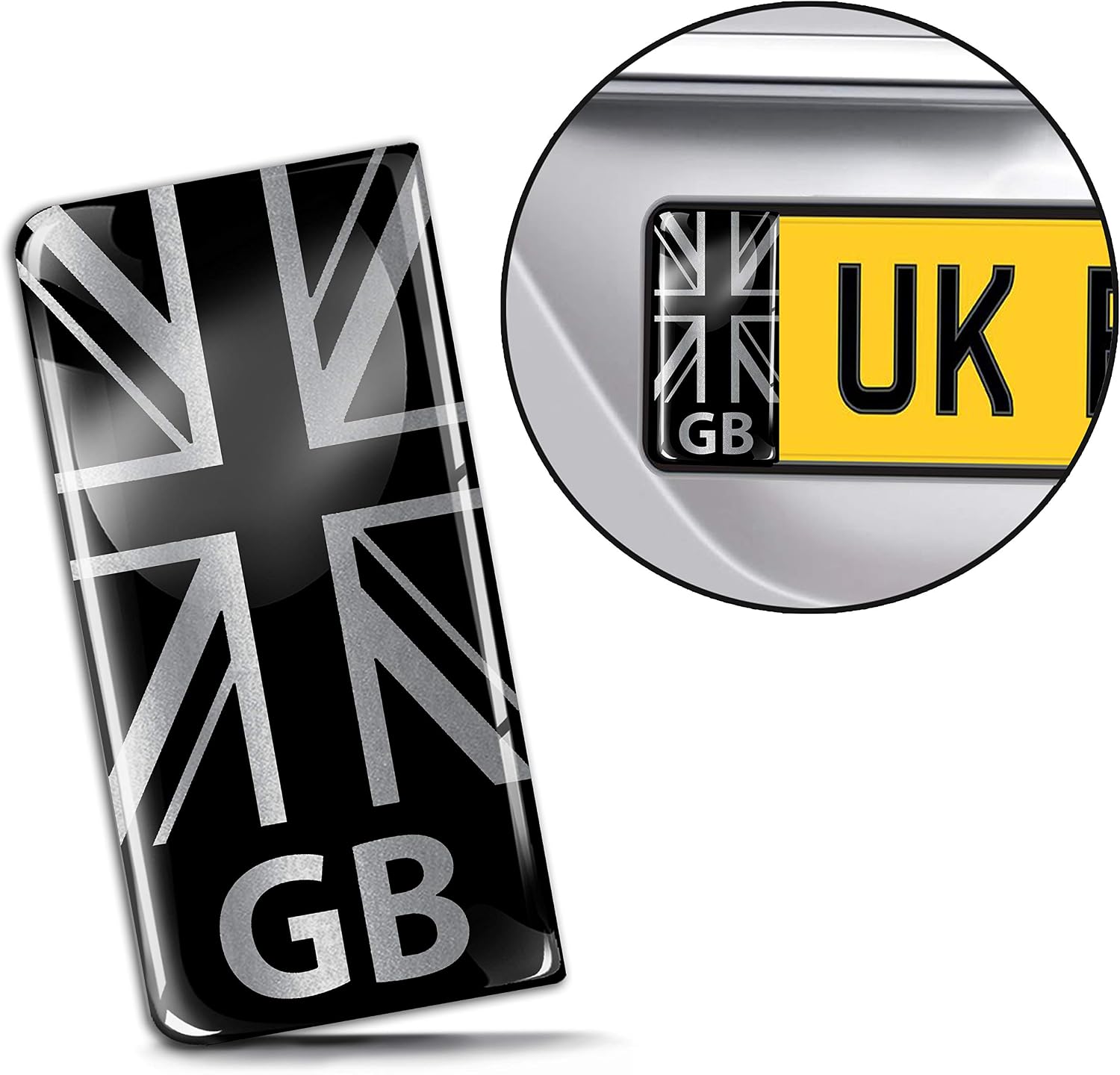 SkinoEu® 2 x 3D Gel Silicone Badge Car Number Plate Self-Adhesive Stickers GB UK United Kingdom Union Jack National Flag Silver EU Motorcycle Road Decals QS 28