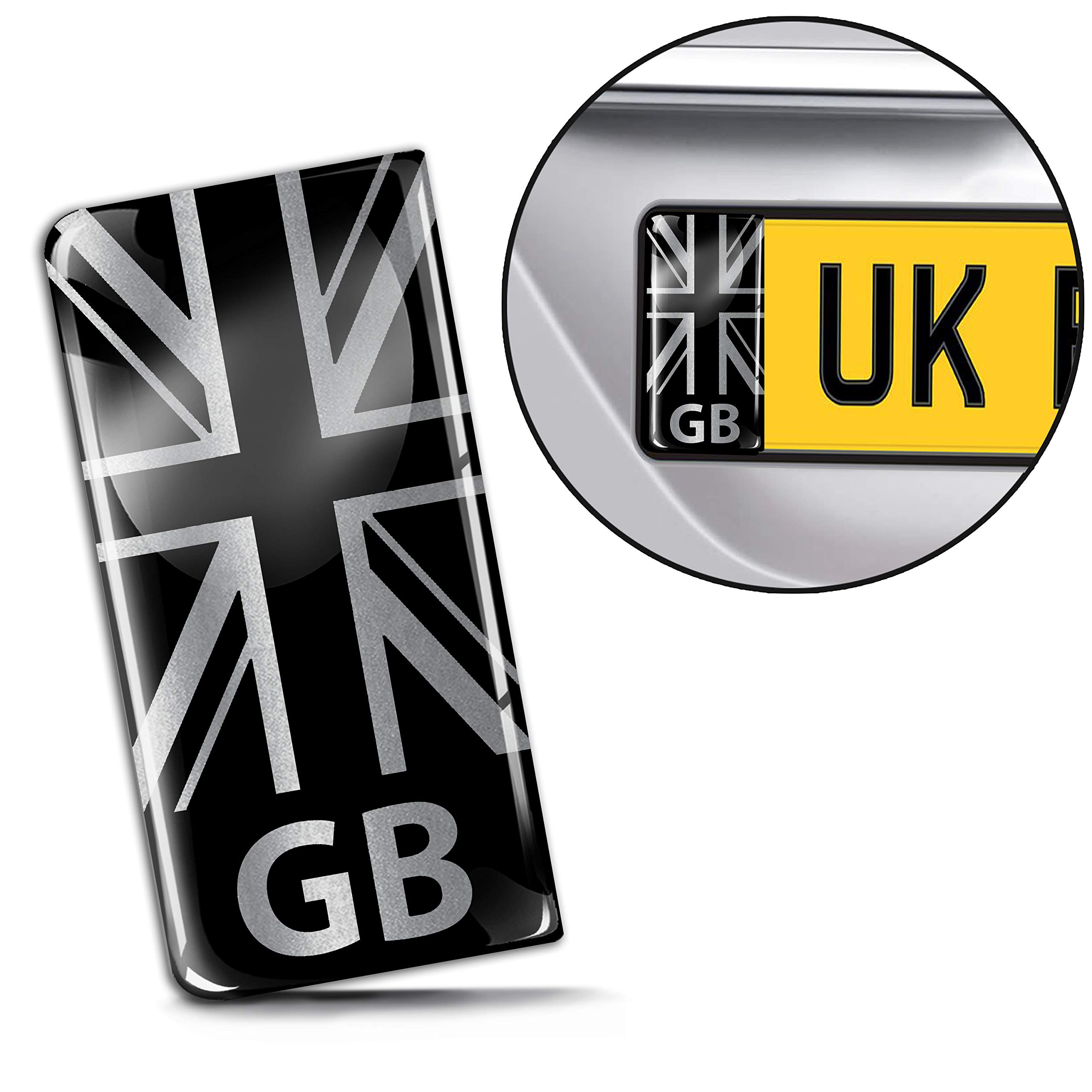 SkinoEu® 2 x 3D Gel Silicone Badge Car Number Plate Self-Adhesive Stickers GB UK United Kingdom Union Jack National Flag Silver EU Motorcycle Road Decals QS 28