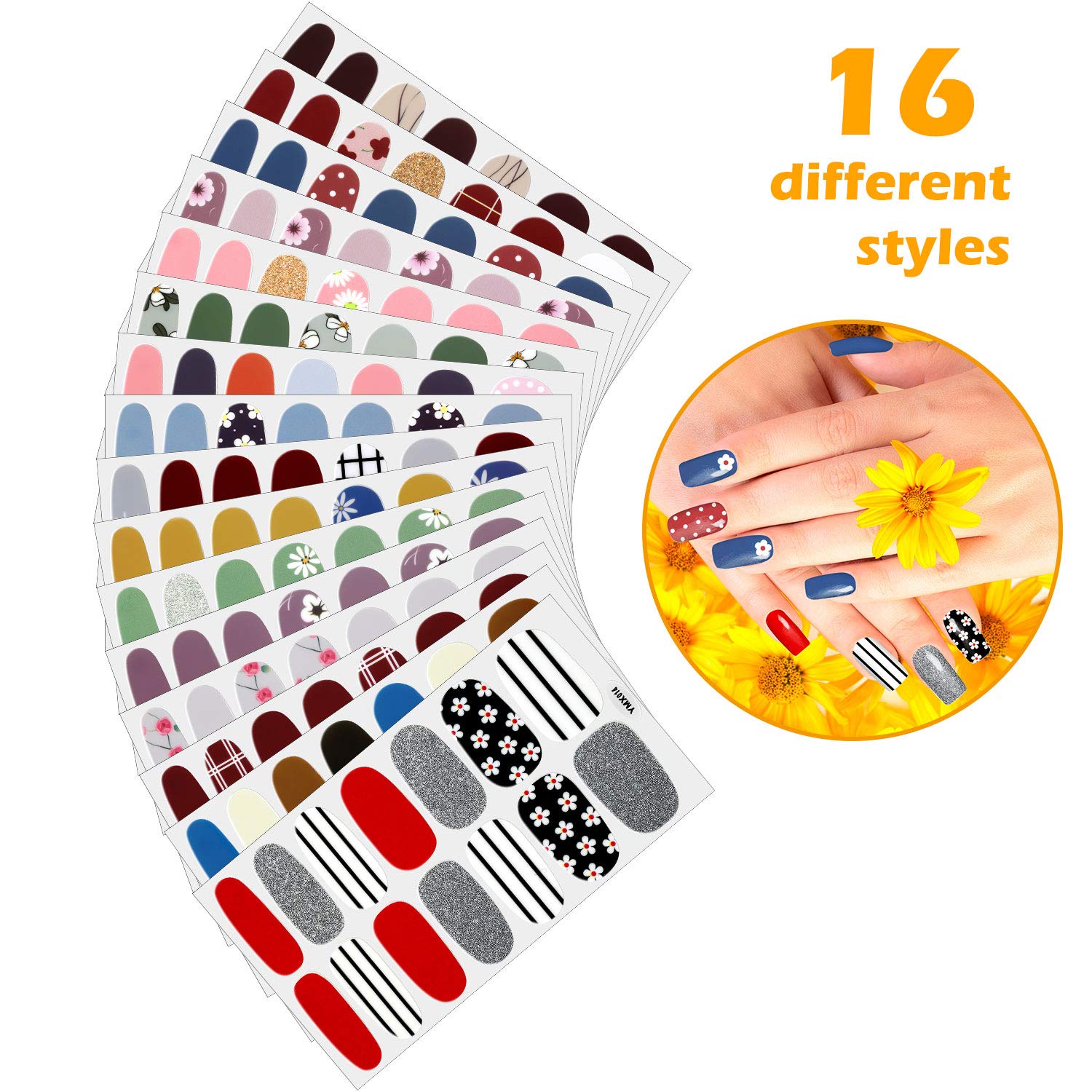 Maitys 224 Pieces 16 Sheets Full Nail Wraps Polish Stripes Nail Art Polish Stickers Self-Adhesive Decals with File Manicure Kit for Women DIY Art(Fresh Floral Series) - Image 3