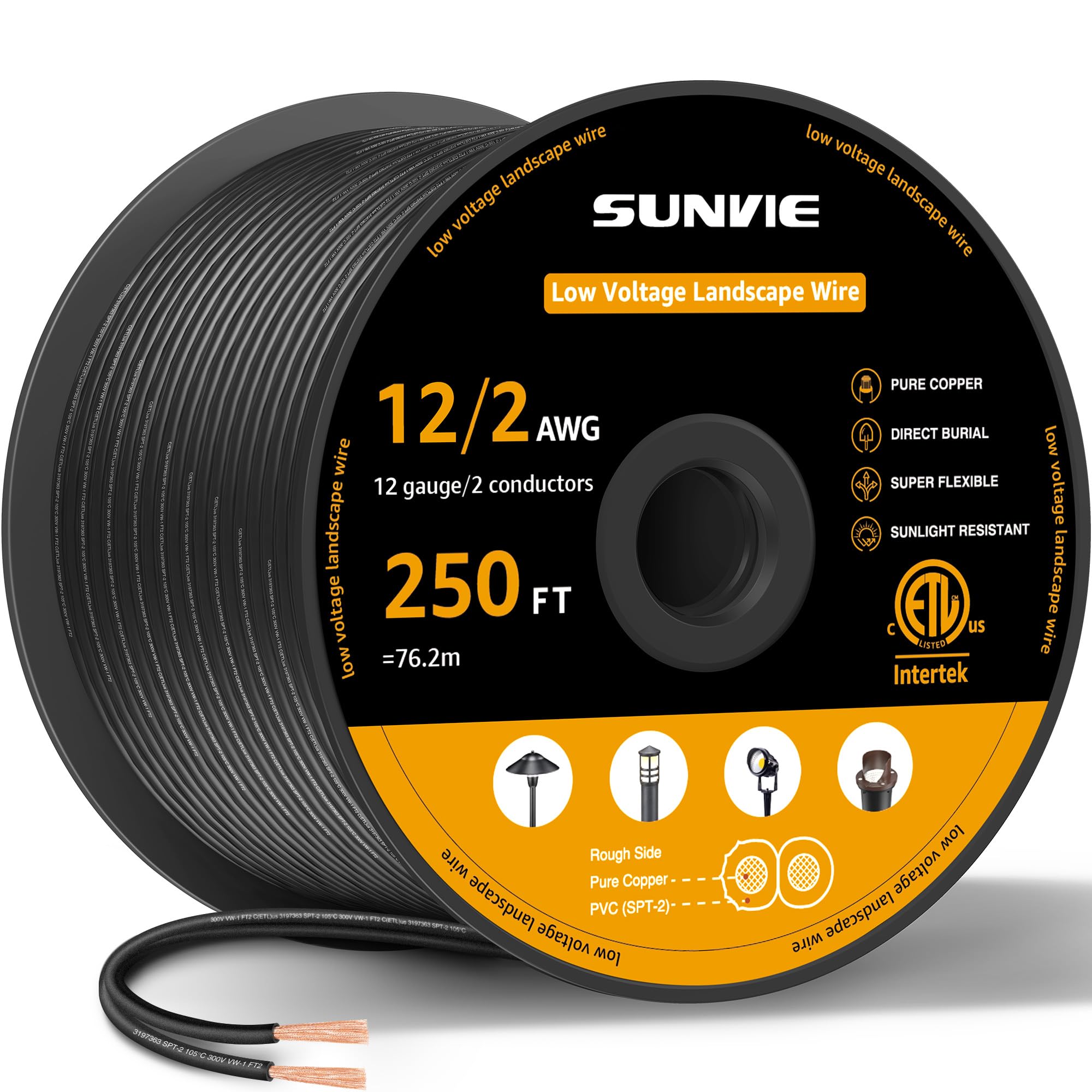 Photo 1 of SUNVIE 12/2 Low Voltage Landscape Wire 250FT with Spool Outdoor Landscape Lighting Cable 12 Gauge 2 Conductors Low Voltage Wire for Landscaping Lights, ETL Listed, Pure Copper, Direct Burial