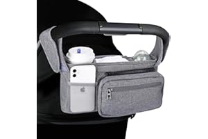 Bebamour Stroller Organizer with Insulated Cup Holder Detachable Phone Bag & Shoulder Strap, Fits for ALL Baby Stroller (Grey)