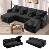 Repantes 107'' Sectional Sleeper Sofa with Pull Out Bed, Storage Chaise, Adjustable Backrest, USB Charger, Cup Holder &amp; Side Pocket, Fluffy Soft Corduroy U Shaped Couch for Living Room, Black