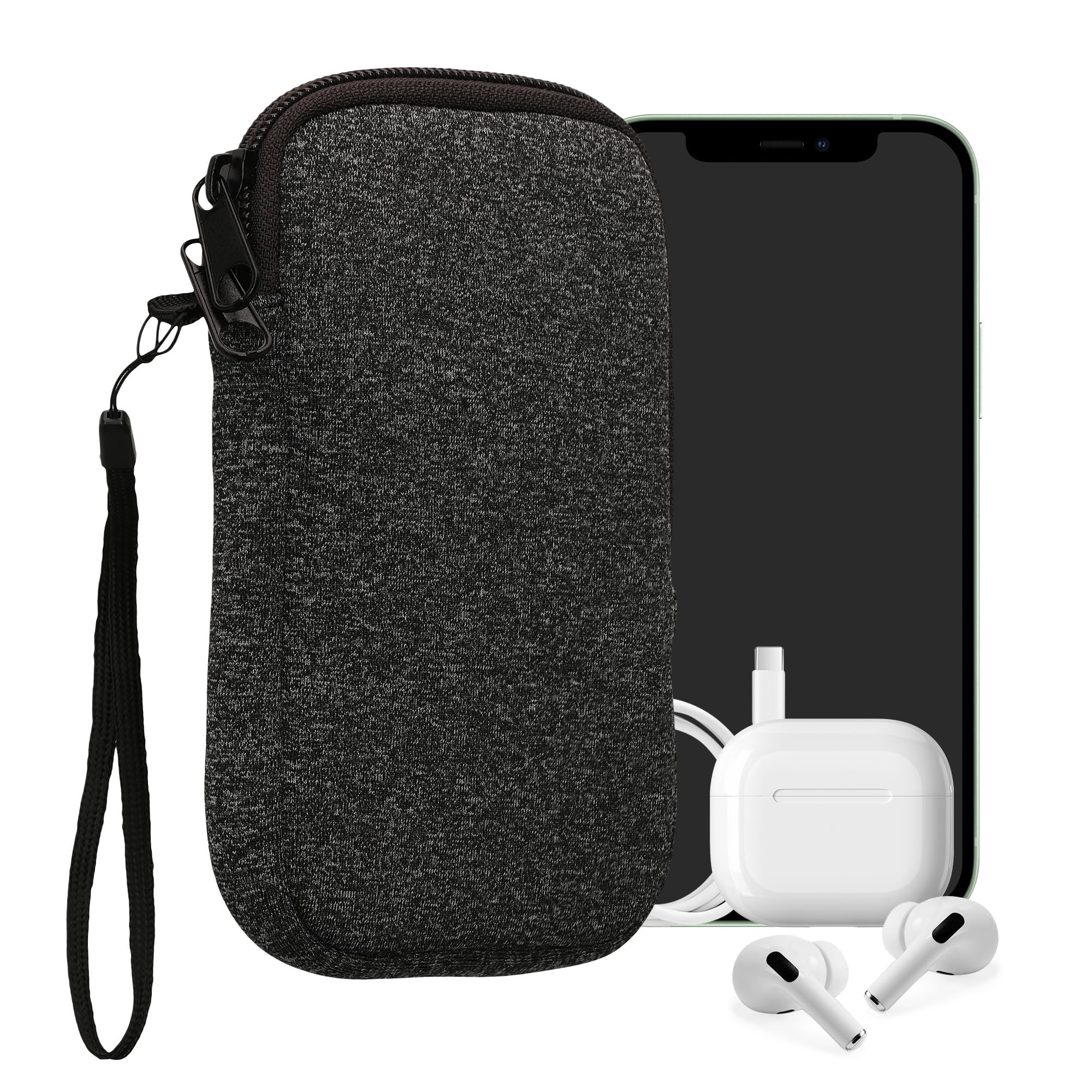 kwmobile Neoprene Phone Pouch Size XL - 6.7/6.8" - Universal Cell Sleeve Mobile Bag with Zipper, Wrist Strap - Anthracite/White — image 1