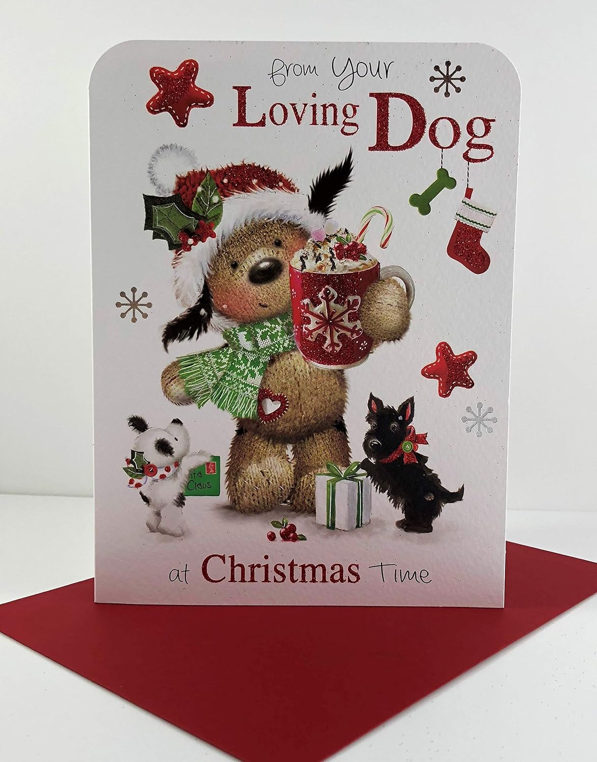 Jonny Javelin Weihnachtskarte 'All Of You' – Mit Hunden, Katze & Rotem Briefkasten, Goldgeprägt