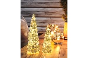 DN DECONATION Mercury Glass Christmas Tree Figurines 2Pcs Lighted Champagne Gold Xmas Trees Decorations Battery Operated Table Top Centerpiece for Mantel Window Holiday