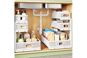 Kitstorack Under Sink Organizer, 2-Pack 3-Tier Height Adjustable Thickened Metal Pull Out Cabinet Organizer Shelf, Slide Out 