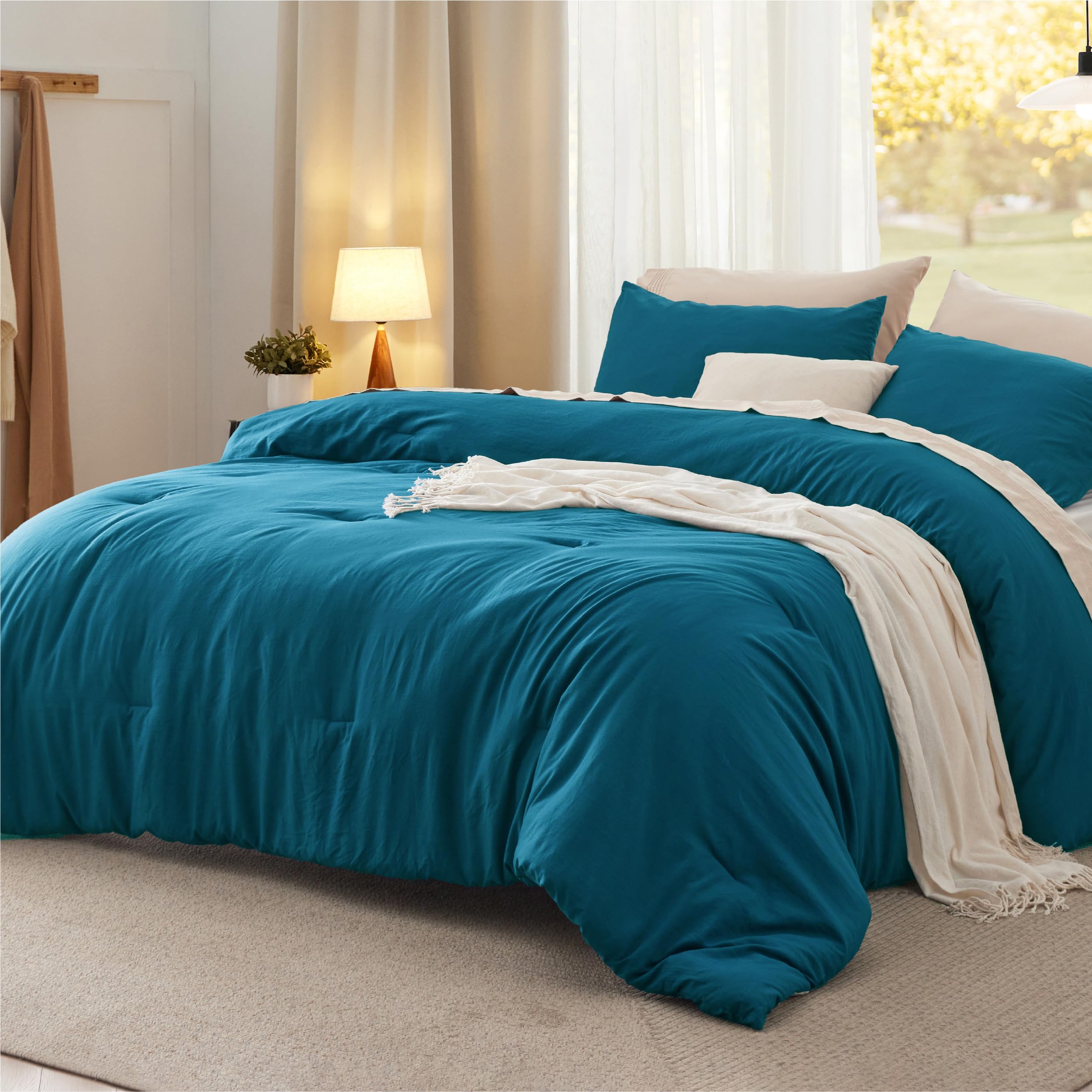 Photo 1 of Bedsure Queen Size Comforter Set, Teal Soft Prewashed Bedding for All Seasons, 3 Pieces GentleSoft™ Warm Down Alternative Bed Set, 1 Lightweight Comforter (90"x90") and 2 Pillowcases (20"x26")