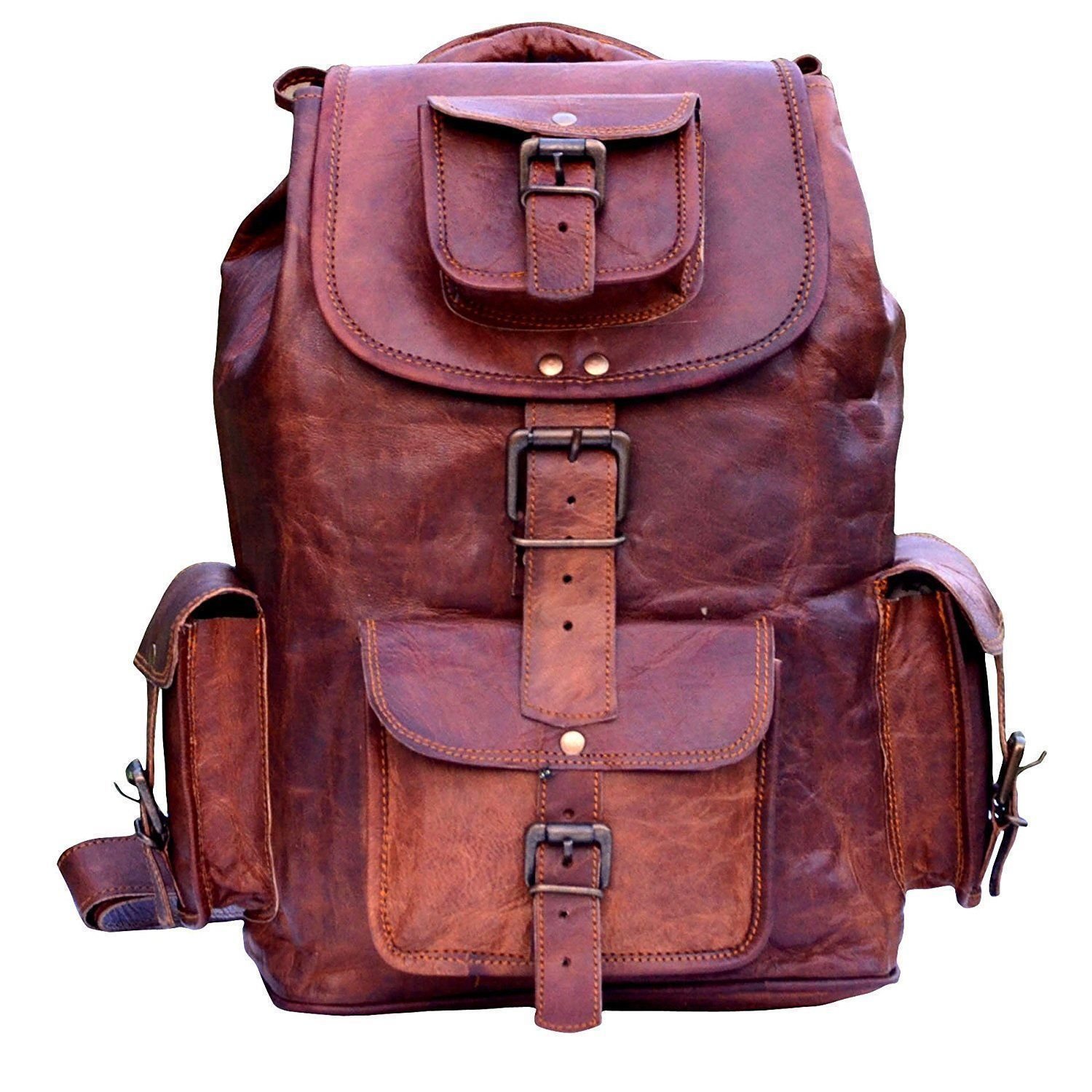 Handmade Vintage Unisex Pure Leather Backpack Canvas Rucksack Satchel