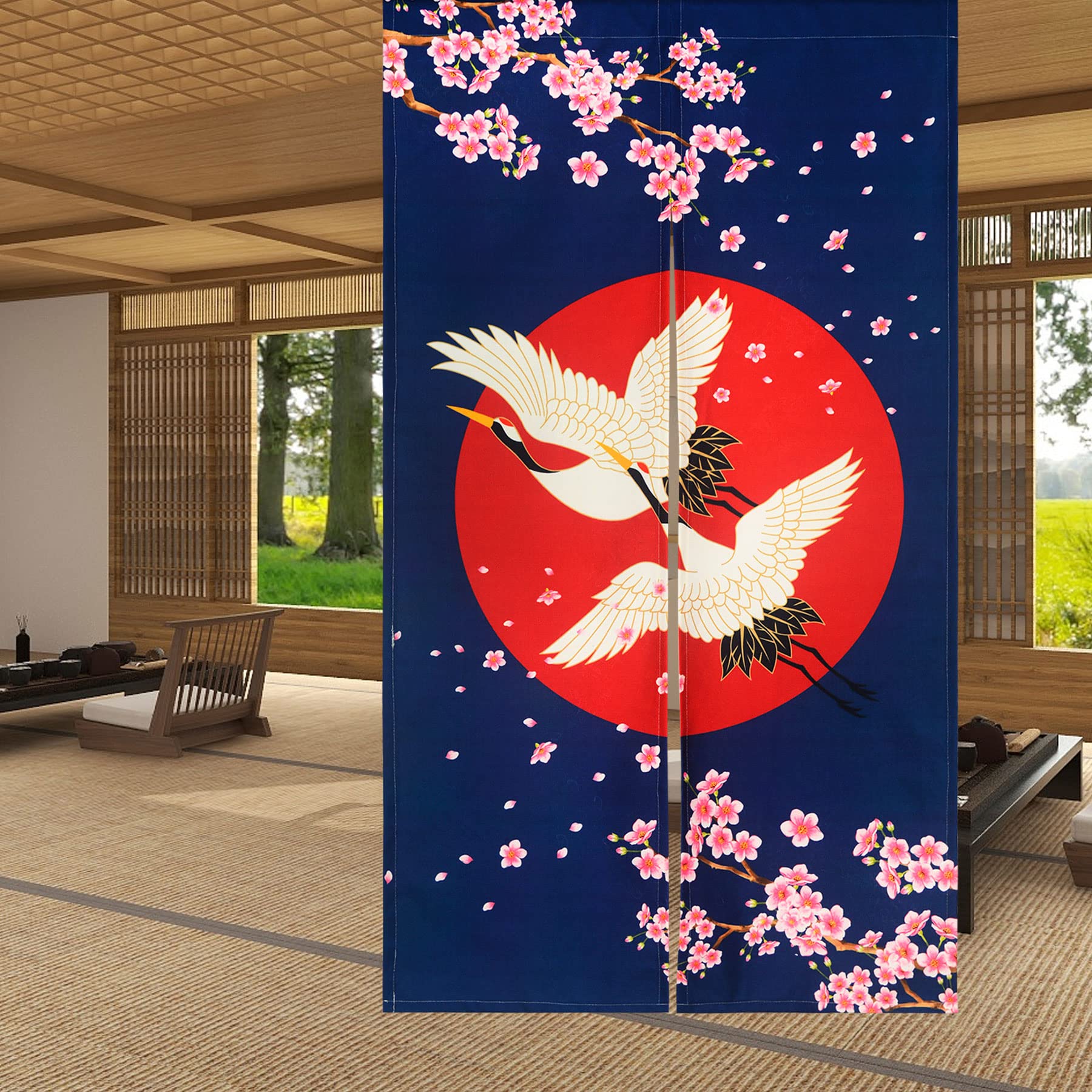 LIGICKY Noren Doorway Curtain Japanese Style White Cranes Red Sun Cherryblossom Printed Cotton Linen Window Treatment Door Tapestry for Home Decoration 85 x 150 cm