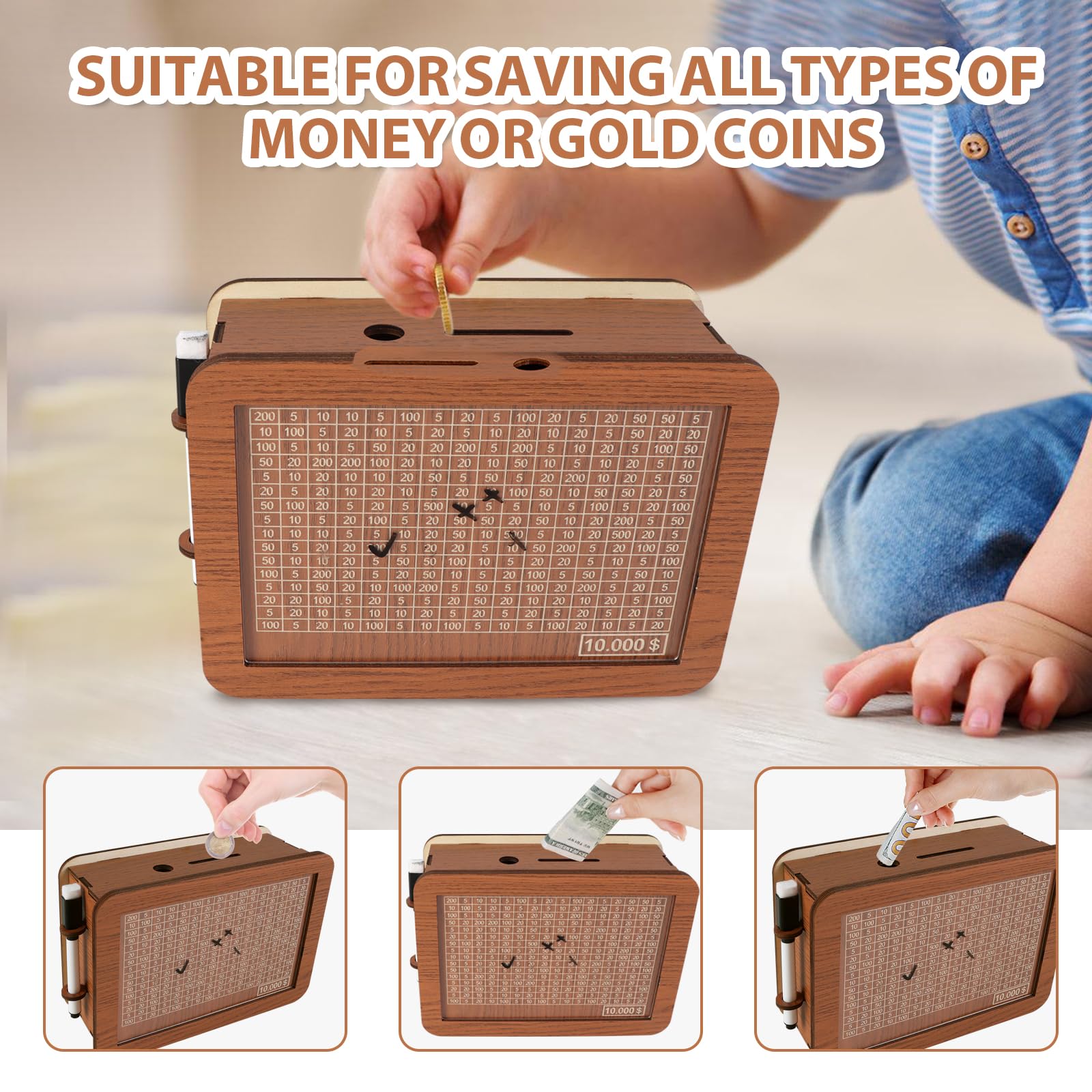 Cash Vault Wooden Savings Box,10000 Savings Challenge Box, Money Saver Box 10k Smash,Wooden Cash Savings Box with Money Target and Numbers (10000 Dollar)