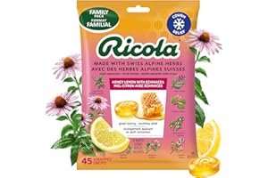 Ricola Honey Lemon with Echinacea Drops, Natural Menthol Throat Relief & Cough Suppressant, 45 Count Bag