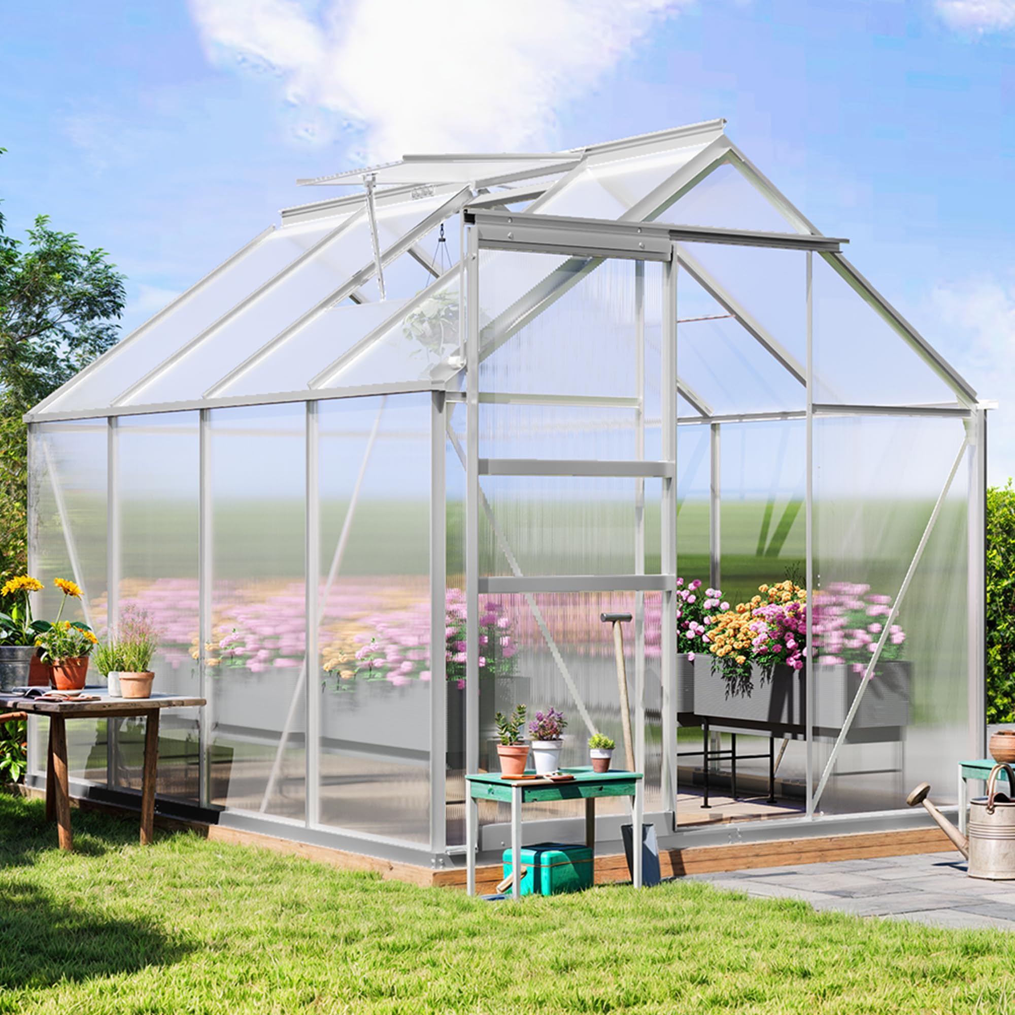 Photo 1 of *PARTIAL SET* YITAHOME Polycarbonate Greenhouse 6x8FT Heavy Duty Green Houses Outdoor Greenhouses Aluminum Sliding Doors Vent Window Large for Garden Backyard, Silver