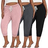 Neer 3 Pack Women's Plus Size Capris, Cotton Lounge Capri Pants Cropped Casual Sweatpants Drawstring Pants with Pockets