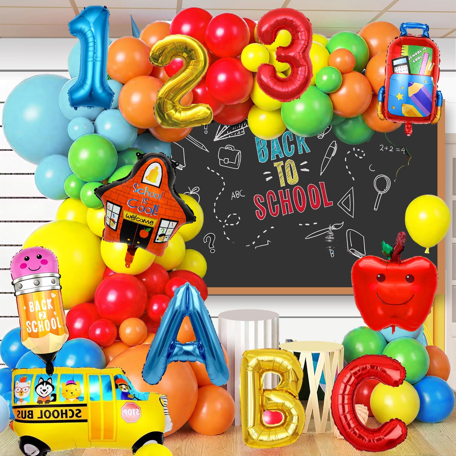 Photo 1 of 128 pcs Back to School Balloons Arch Garland Kit First Day of School Classroom Party Decorations Schoolbag Pencil Apples ABC Foil Balloons for Welocme Back to School Party Decorations Supplies
