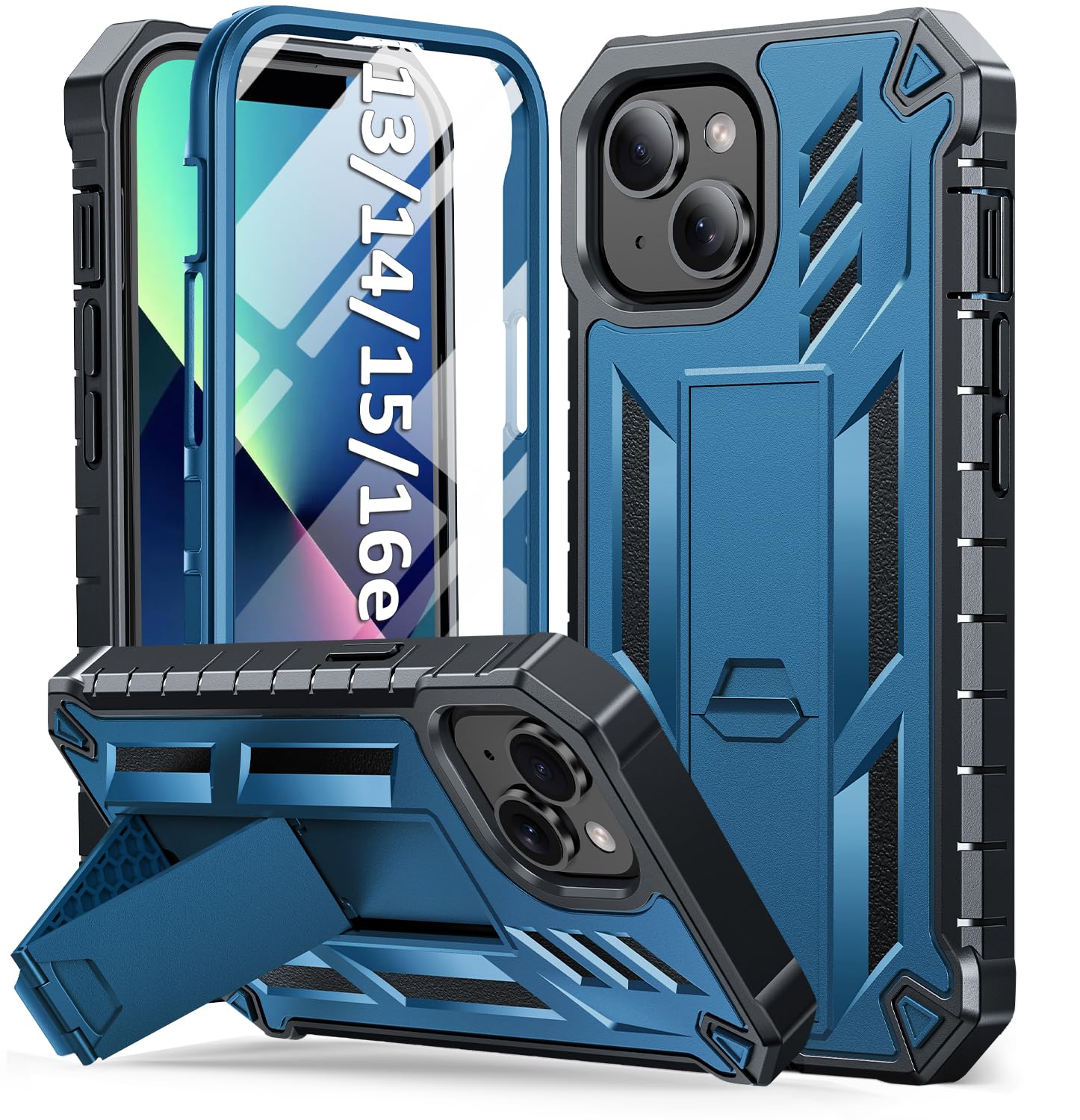 SOiOS for iPhone 13/14/15 Phone Case: for iPhone 16e Protective Cover with Built-in Kickstand | Heavy Duty Military Grade Hard Protection Shock Proof | Durable Dual-Layer Design Blue