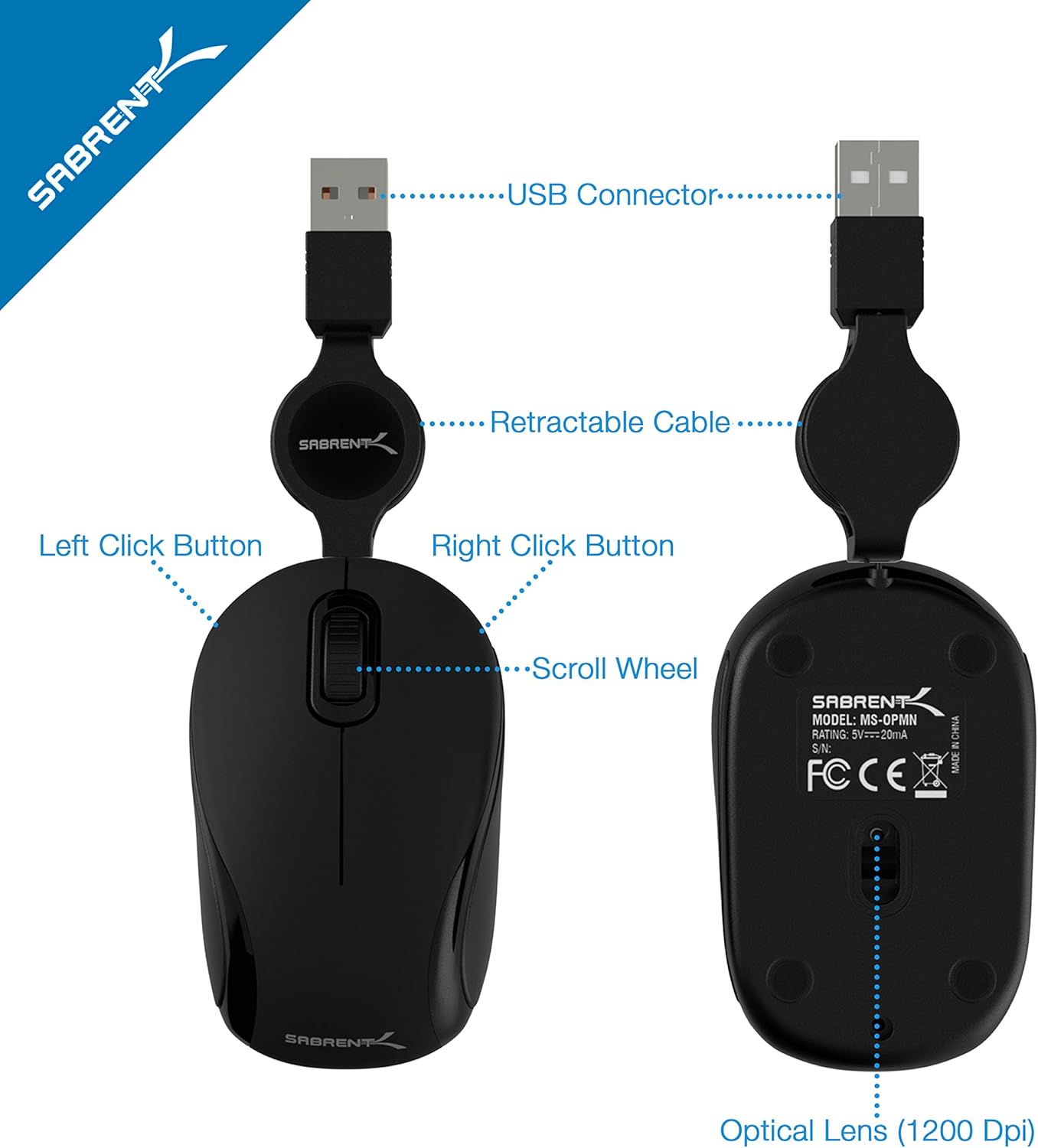 Sabrent Mini Travel USB Optical Mouse with Retractable Cable for Computers and laptops | Mac & PC Compatible (MS-OPMN): Computers & Accessories