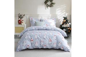 JSD Snowman Kids Duvet Cover Set Twin Size, 2 Piece Blue Printed Christmas Microfiber Comforter Cover with Pillow Sham Zipper Closure, Comforter Not Included