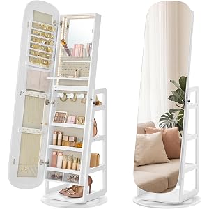 SONGMICS HOME 360° Swivel Jewelry Cabinet Standing, Full Length Mirror with Storage, Lockable Jewelry Armoire with Vanity and