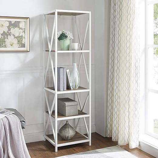 Amazon Com Walker Edison 4 Tier Open Shelf Wood Tall Bookcase Bookshelf Home Office Storage Cabinet 18 Inch Reclaimed Barnwood White Metal Furniture Decor