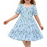 YALLET Casual Girls Dresses Puff Sleeve Floral Print Smocked Toddler Dress with Back Adjustment Rope for Daily Play Holidays