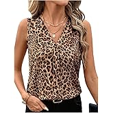 SweatyRocks Women's Printed Sleeveless Blouses V Neck Pleated Summer Work Shirts Tops