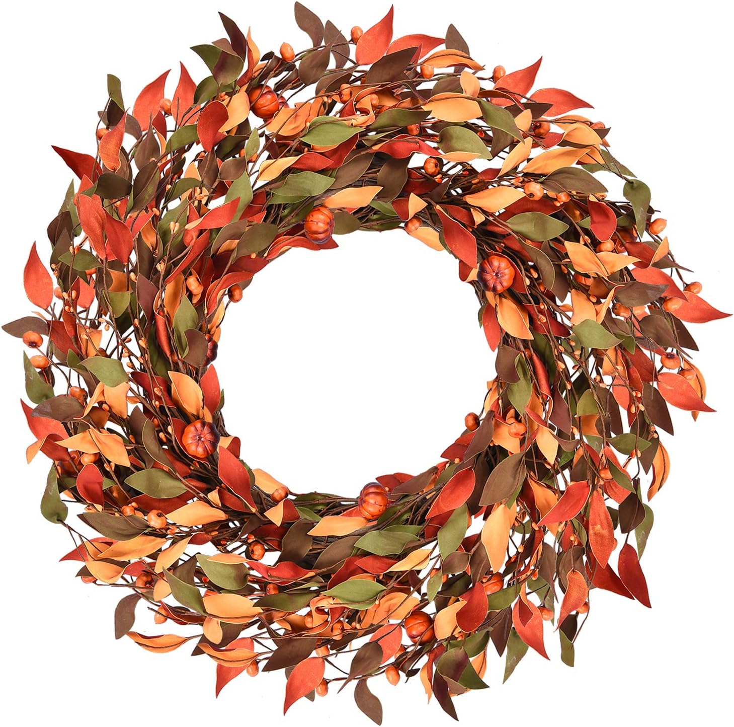 Shiny Flower Fall Wreath with Pumpkins, Mini Pumpkins Leaves Berries Fall Berry Wreath The Wreath Depot Fall Leaf Pumpkin Wreath for Thanksgiving Christmas Festival Party Door Window Wall Home Decor