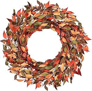 Shiny Flower Fall Wreath with Pumpkins, Mini Pumpkins Leaves Berries Fall Berry Wreath The Wreath Depot Fall Leaf Pumpkin Wreath for Thanksgiving Christmas Festival Party Door Window Wall Home Decor